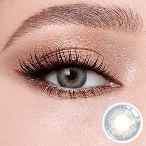 Taylor Gray contact lenses on the eyes, close-up of the product on the lower right