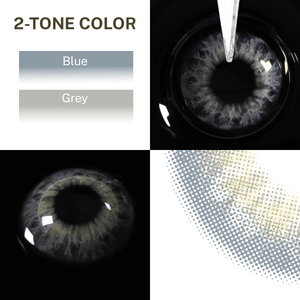 Close-up of the black background and edge details of the Taylor Gray contact lens, two colors of the product on the upper left