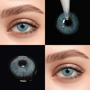 Brown eyes wearing Transform Blue Contact Lenses