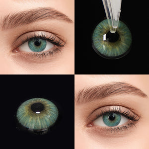 Brown eyes wearing Transform Green Contact Lenses