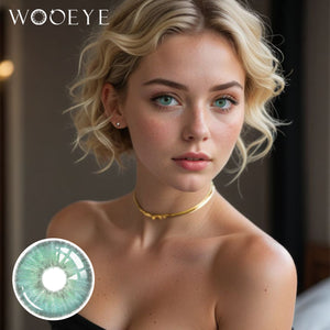 White model wearing Transform Green Contact Lenses