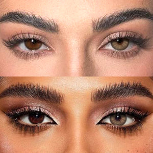 Girl wearing Trends.Brown contact lenses before and after effect