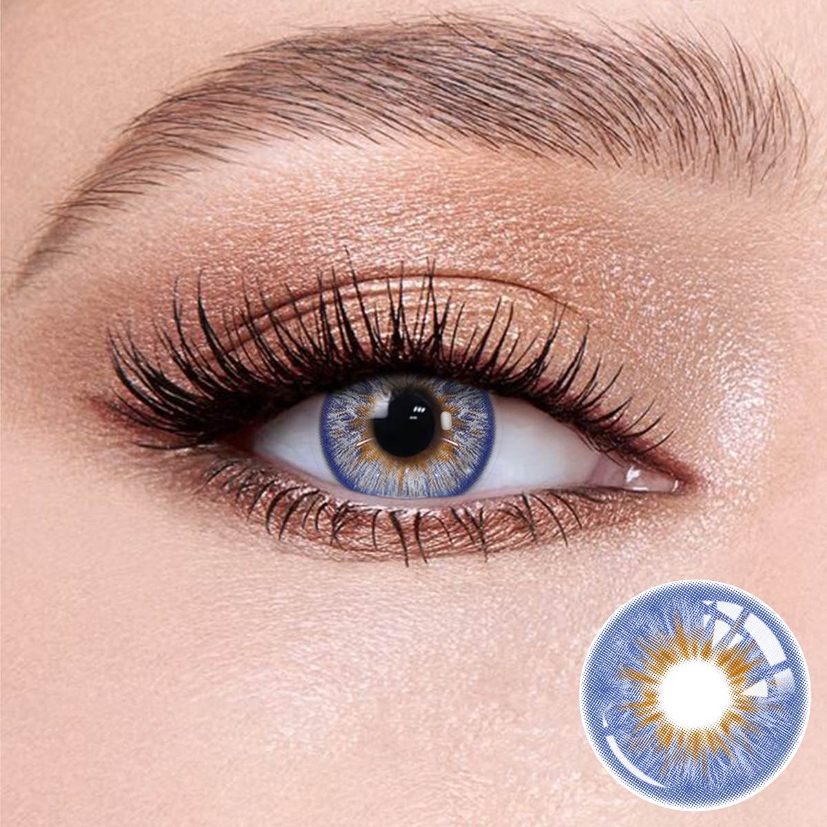 Vegas Blue contact lenses on the eyes, close-up of the product on the lower right