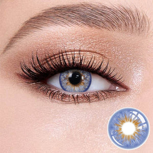 Vegas Blue contact lenses on the eyes, close-up of the product on the lower right