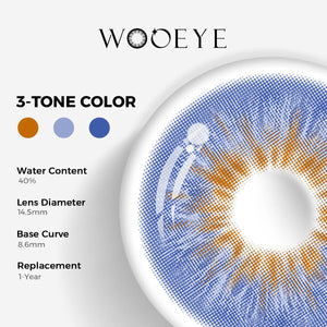 Vegas Blue Color Contacts specifications: 14.5mm diameter, 8.6mm base curve, and 40% water content for daily comfort.