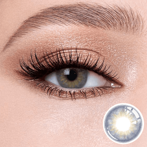 Wine Blue contact lenses on the eyes, close-up of the product on the lower right