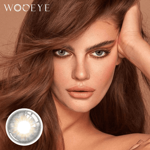 The girl's face is looking straight ahead, the upper left is the Wooeye logo, and the lower left is a close-up of the Wine Gray contact lens