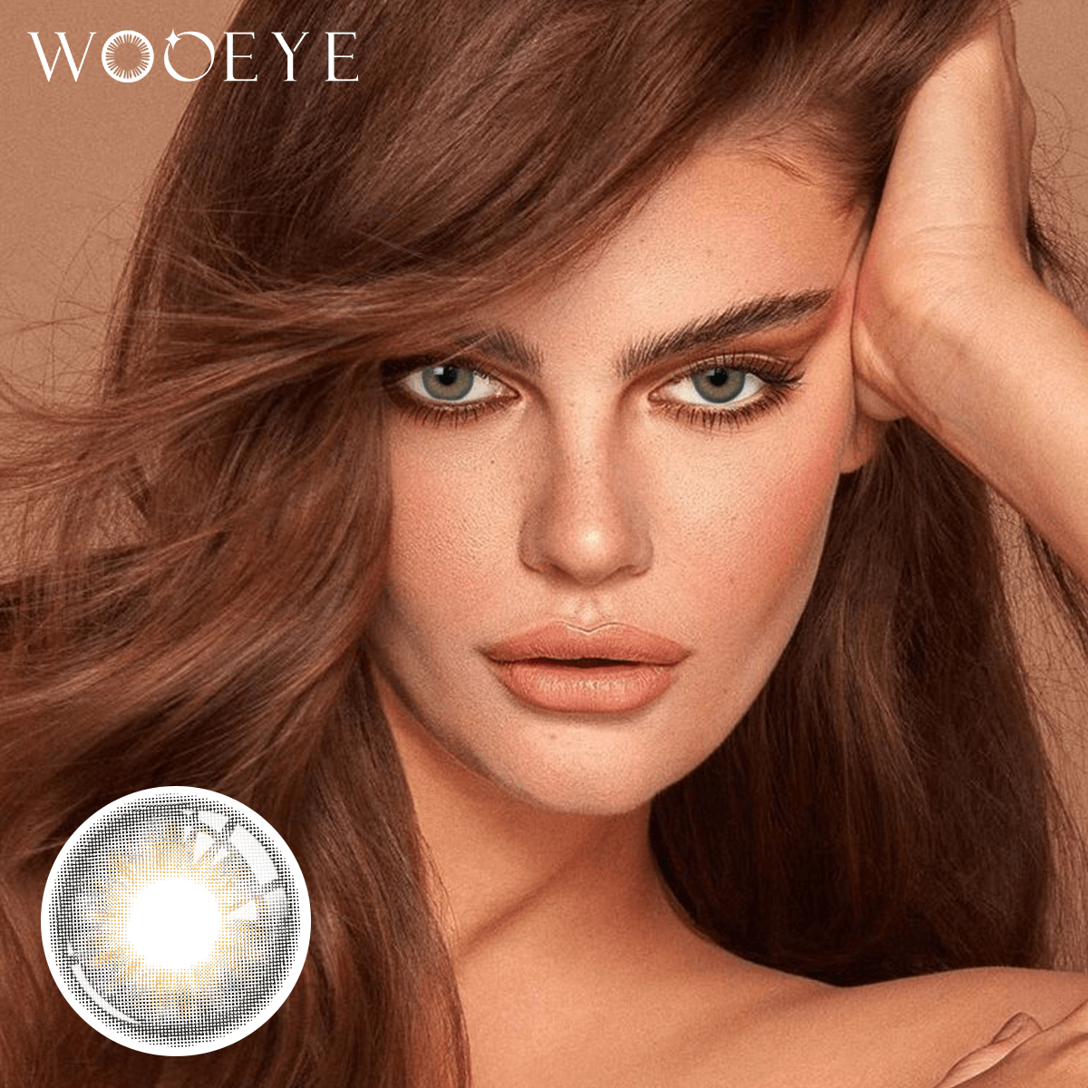 The girl's face is looking straight ahead, the upper left is the Wooeye logo, and the lower left is a close-up of the Wine Gray contact lens