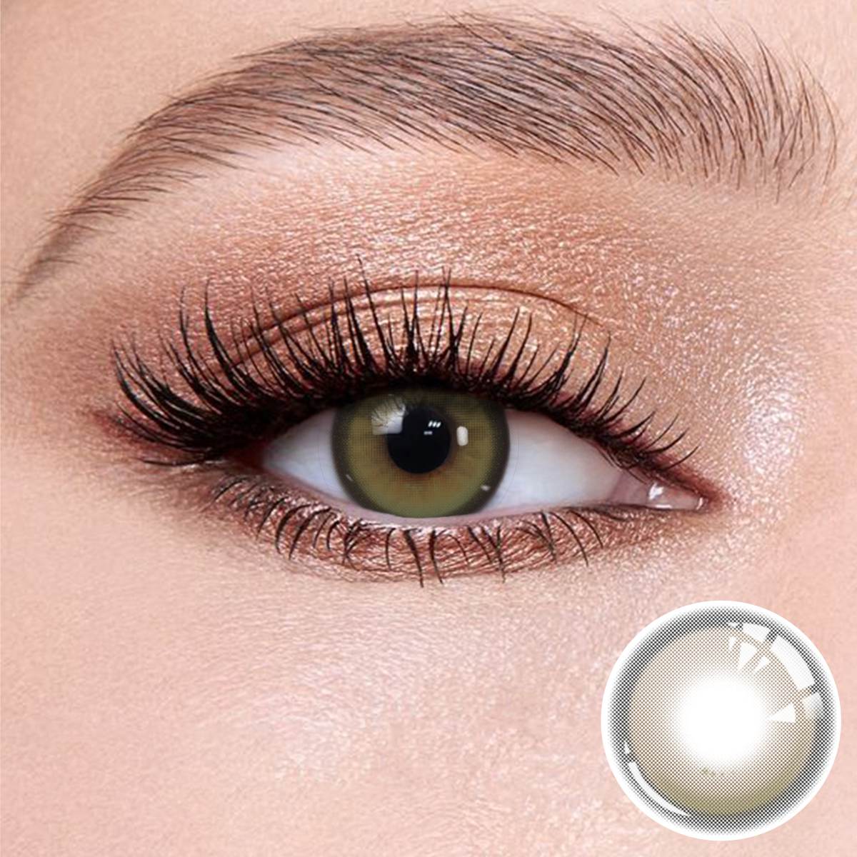 Master Green contact lenses on the eyes, close-up of the product on the lower right