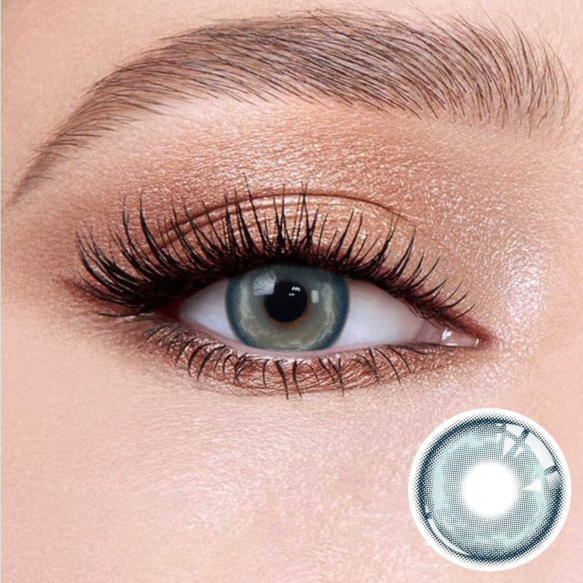 The effect of wearing Heaven Blue Contact Lenses, with a close-up of the product in the lower right corner