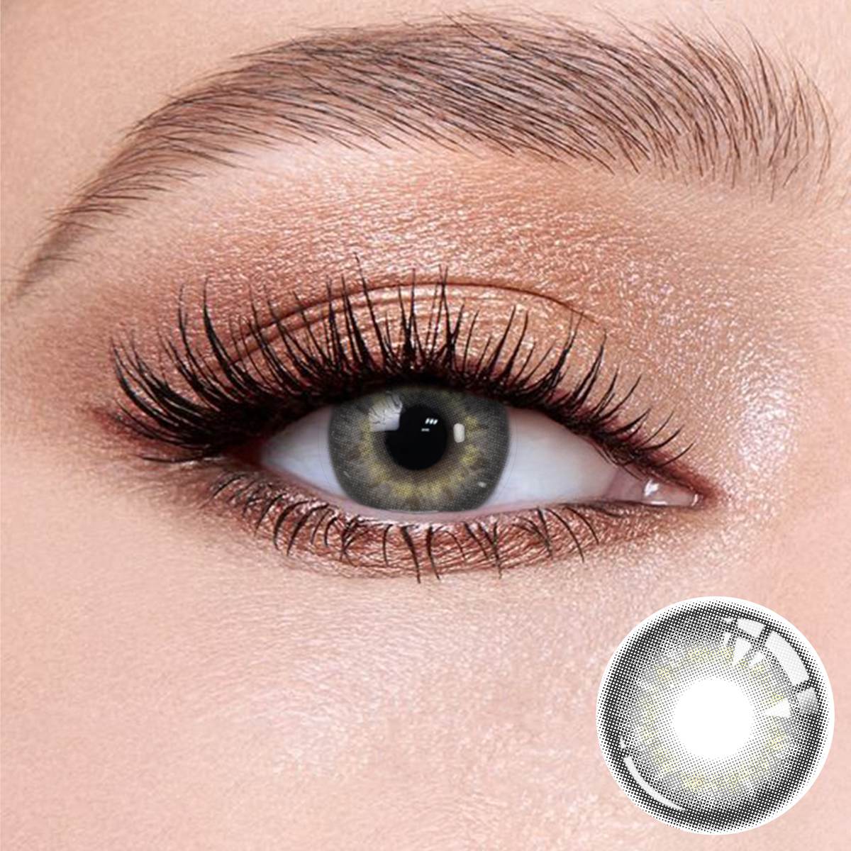 Natural looking Banshe Gray contact lense with soft limbal ring for dark eyes