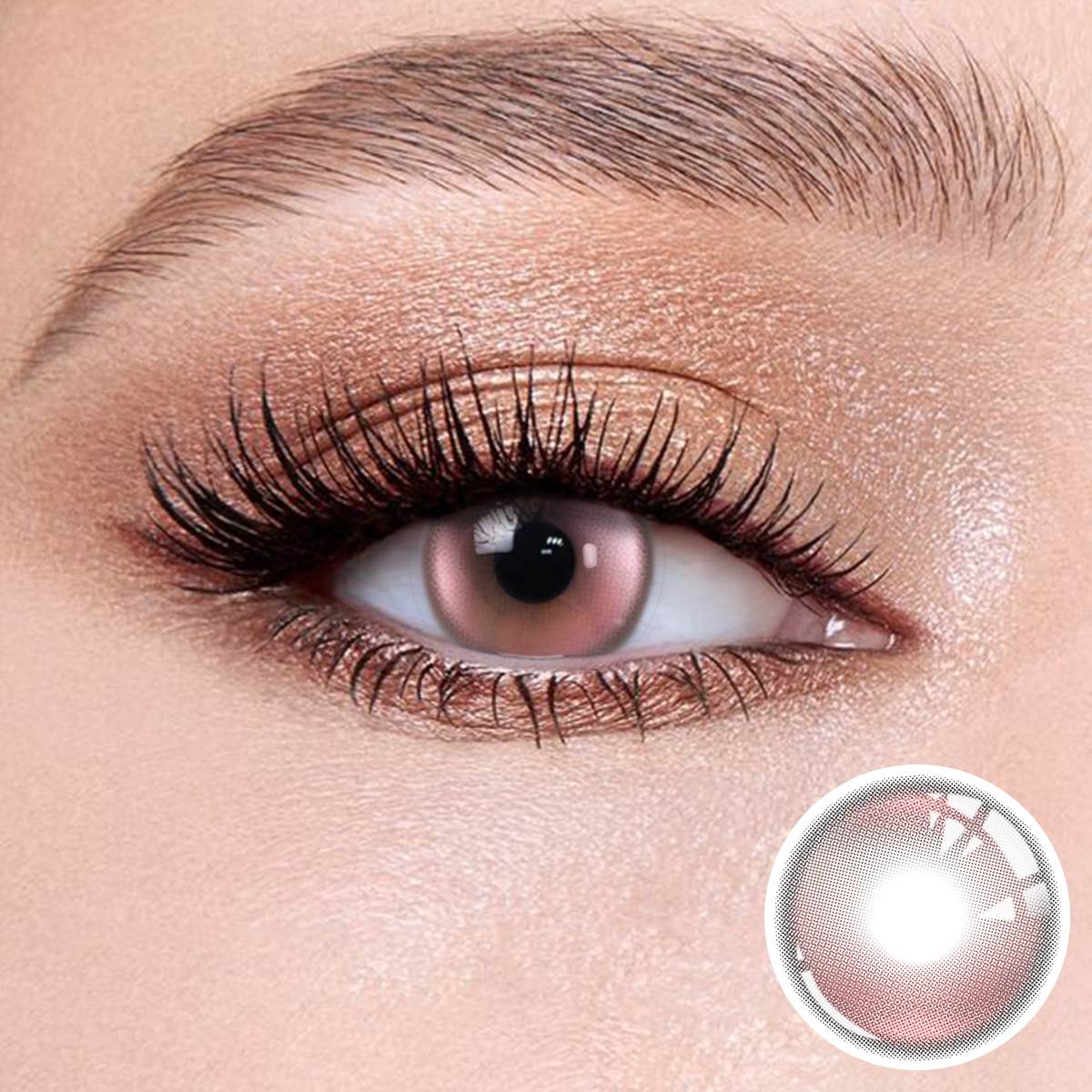 Halo Pro Pink contact lenses on the eyes, close-up of the product on the lower right