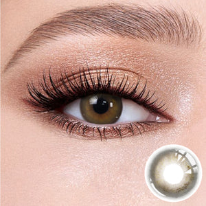 The effect of wearing Mulberry Brown Contact Lenses, with a close-up of the product in the lower right corner