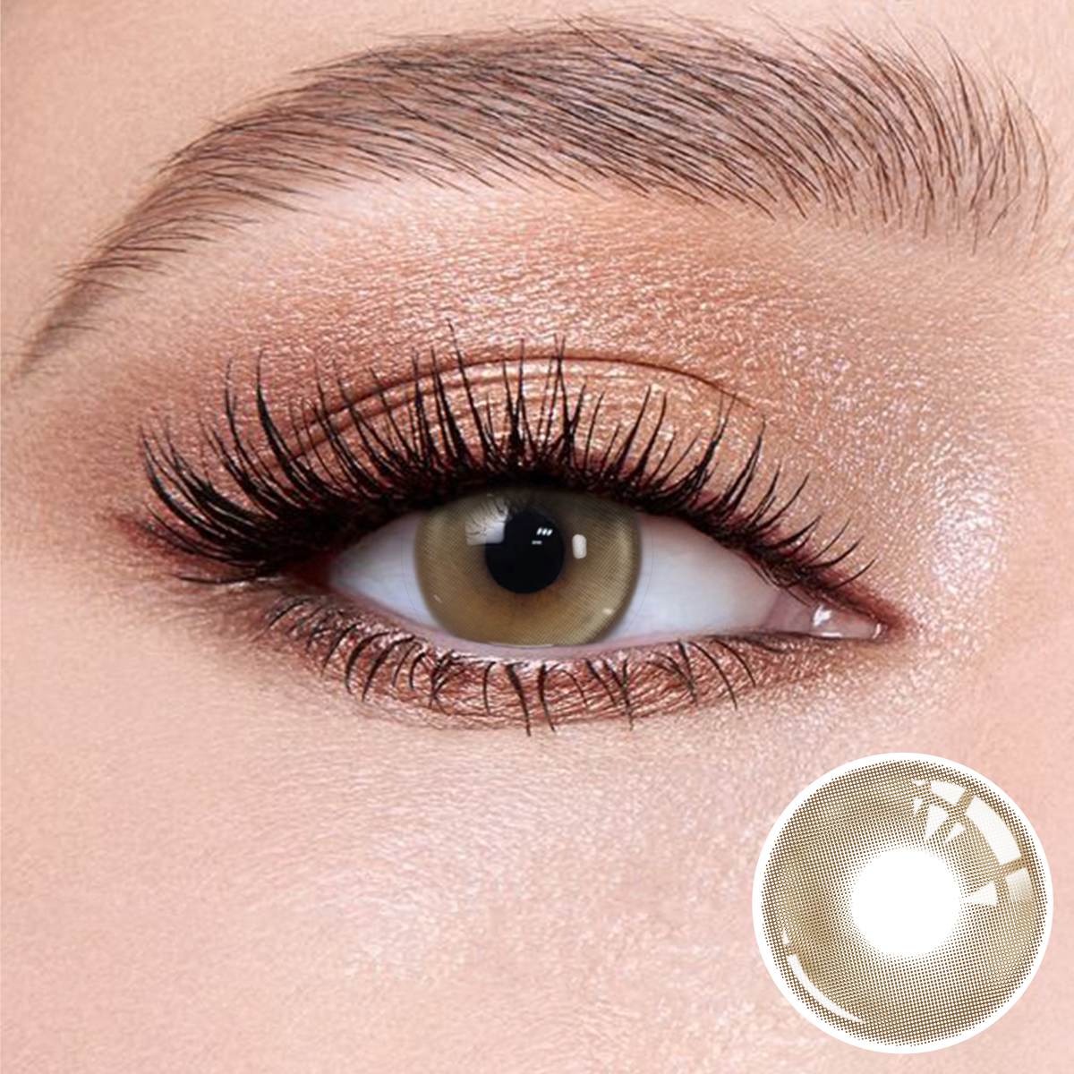 Princess Grey contact lenses on the eyes, close-up of the product on the lower right