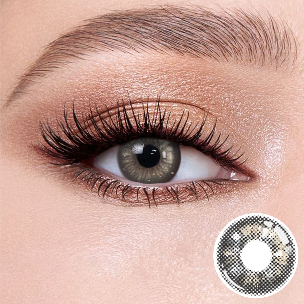 The effect of wearing Jennie Grey I Contact Lenses, with a close-up of the product in the lower right corner