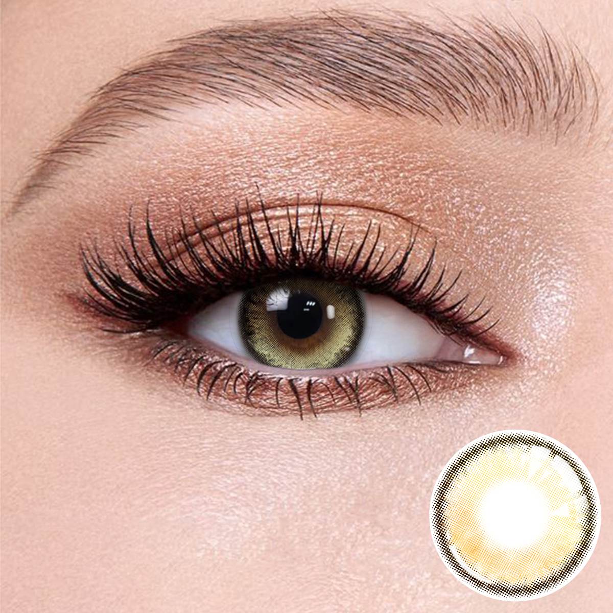 Bubbles Brown contact lenses on the eyes, close-up of the product on the lower right