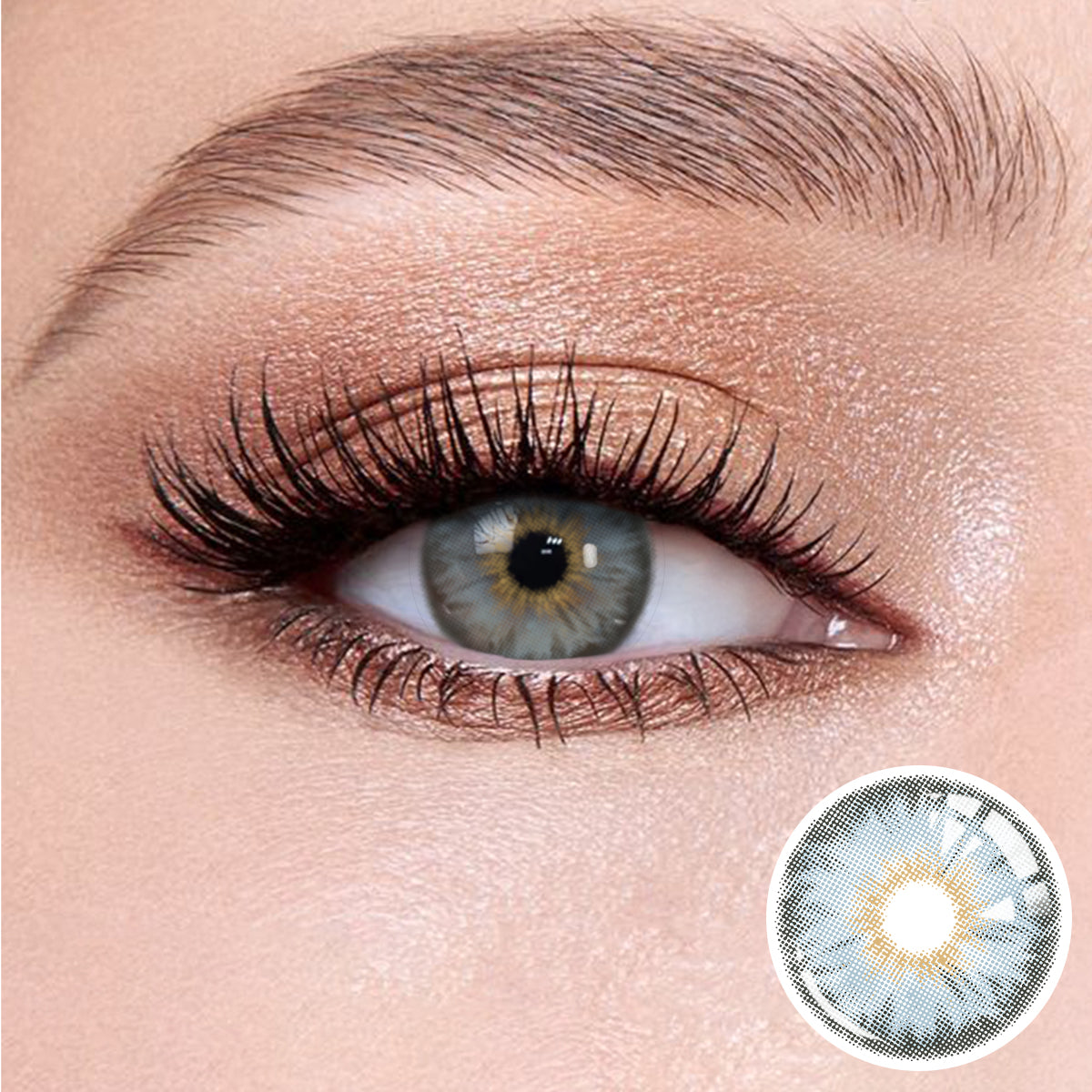 The effect of wearing Mermaid Blue Contact Lenses, with a close-up of the product in the lower right corner