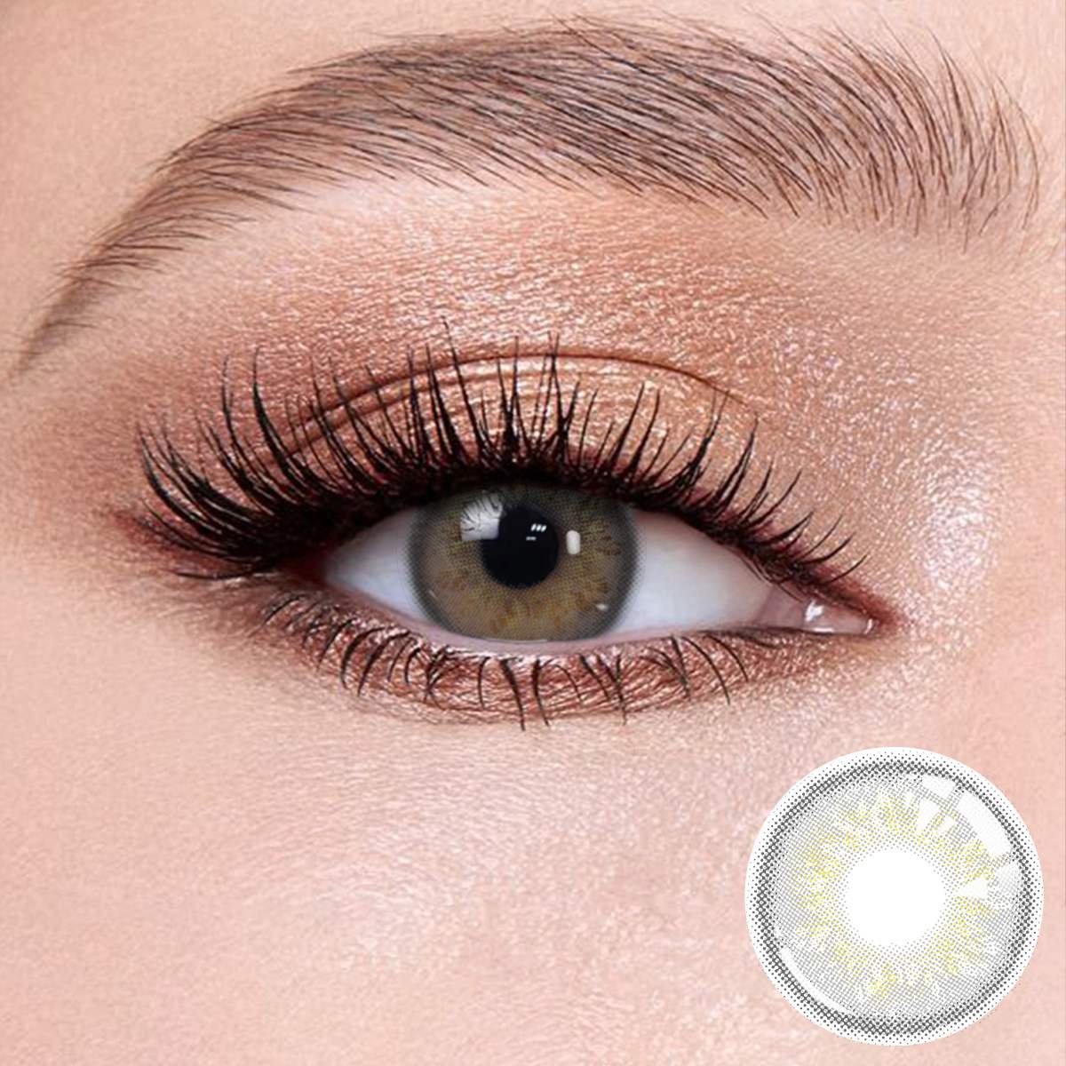 Russian grey contact lenses on the eyes, close-up of the product on the lower right