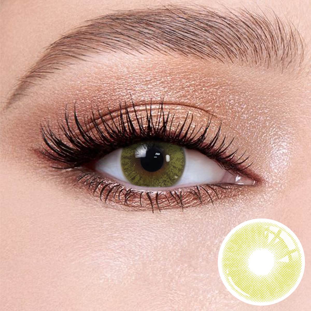 Mulberry Green contact lenses on the eyes, close-up of the product on the lower right