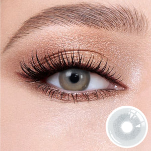 The effect of wearing Princess Gray I Contact Lenses, with a close-up of the product in the lower right corner
