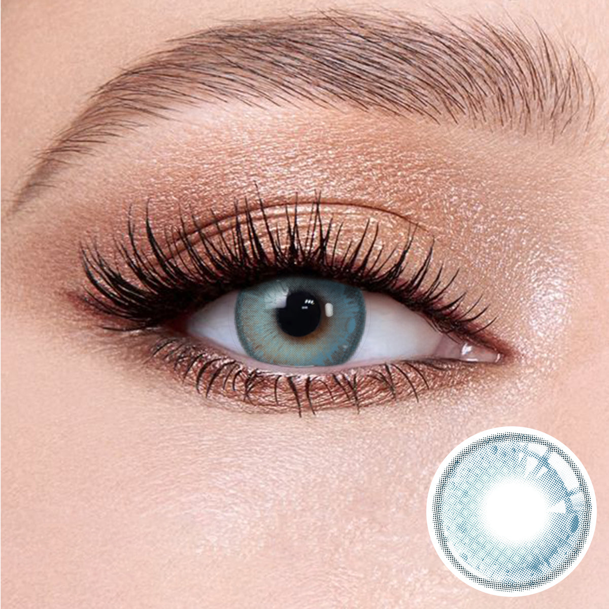 The effect of wearing Soul Blue Contact Lenses, with a close-up of the product in the lower right corner