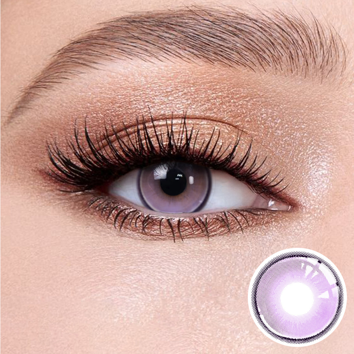 The effect of wearing Halo Purple Contact Lenses, with a close-up of the product in the lower right corner