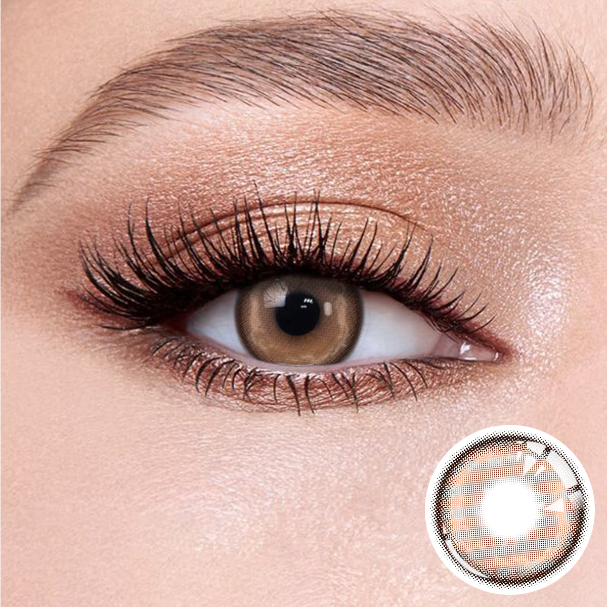 The effect of wearing Heaven Brown Contact Lenses, with a close-up of the product in the lower right corner