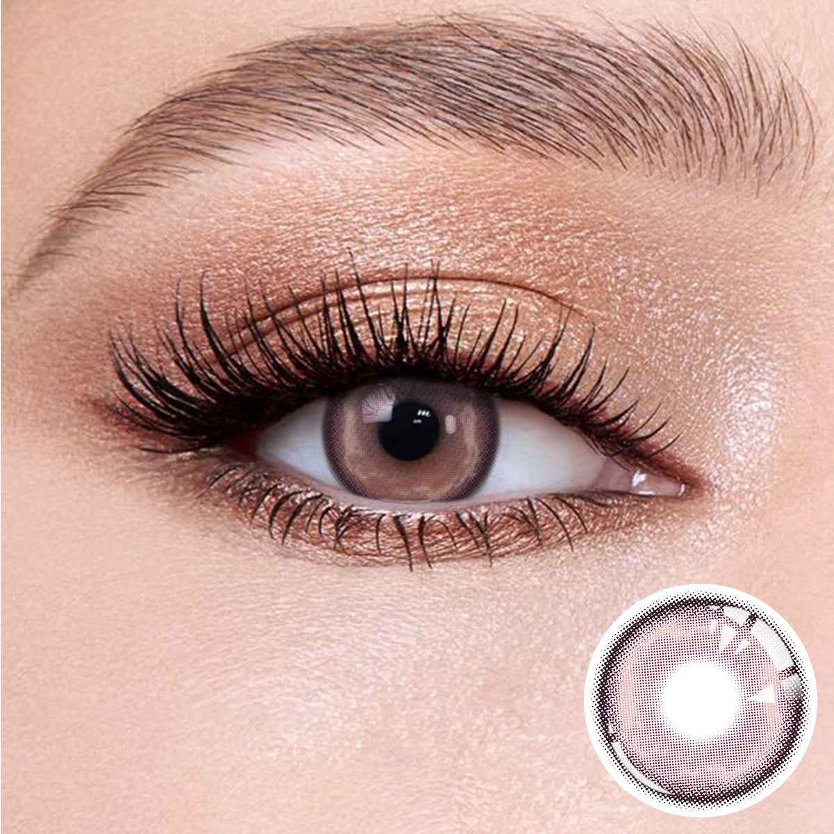 The effect of wearing Heaven Purple Contact Lenses, with a close-up of the product in the lower right corner