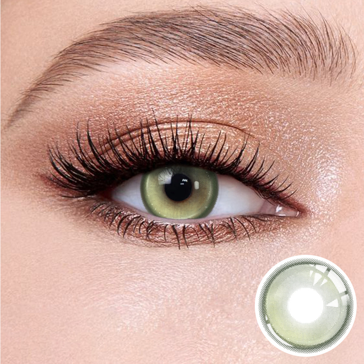 The effect of wearing Halo Green Contact Lenses, with a close-up of the product in the lower right corner