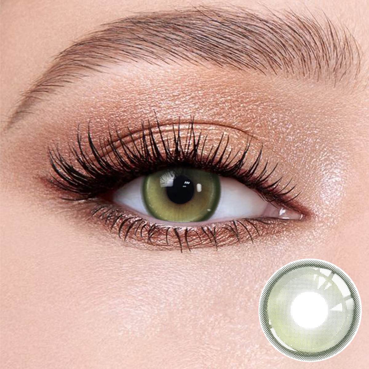 Hola Green contact lenses on the eyes, close-up of the product on the lower right