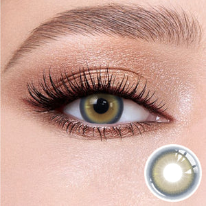 The effect of wearing Halo Brown Contact Lenses, with a close-up of the product in the lower right corner