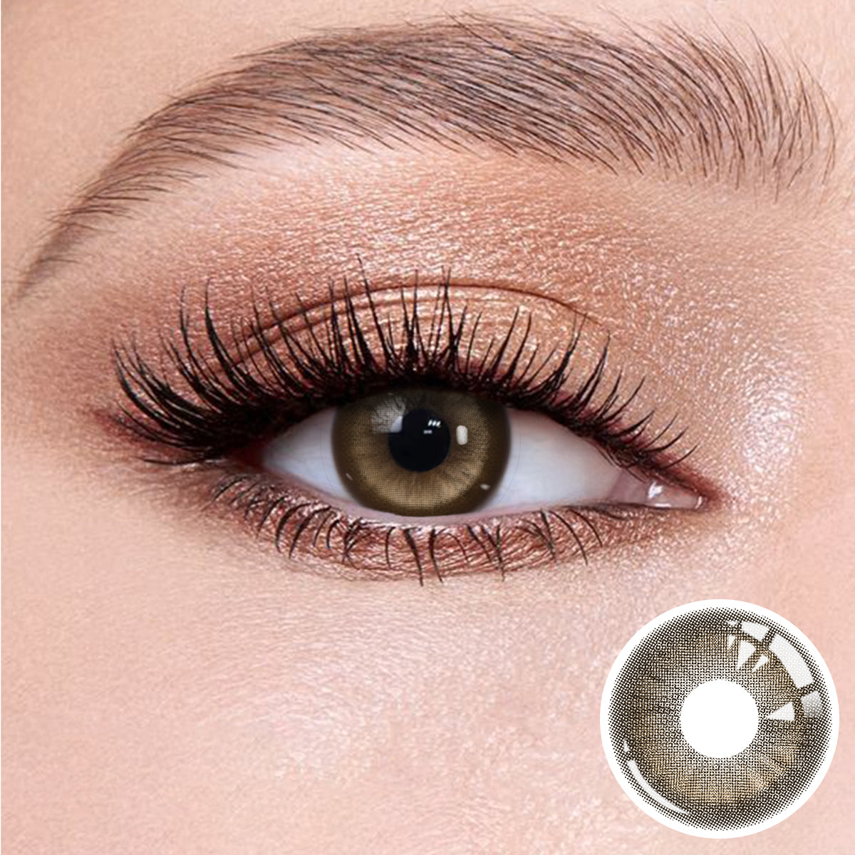 The effect of wearing Princess Brown Contact Lenses, with a close-up of the product in the lower right corner