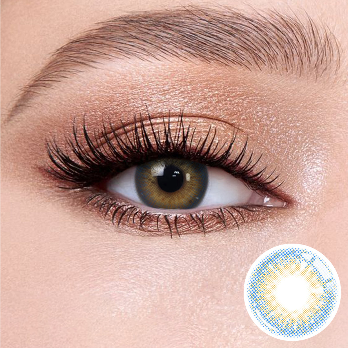 The effect of wearing Banshe Brown Blue Contact Lenses, with a close-up of the product in the lower right corner