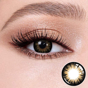 Pearl Brown contact lenses on the eyes, close-up of the product on the lower right