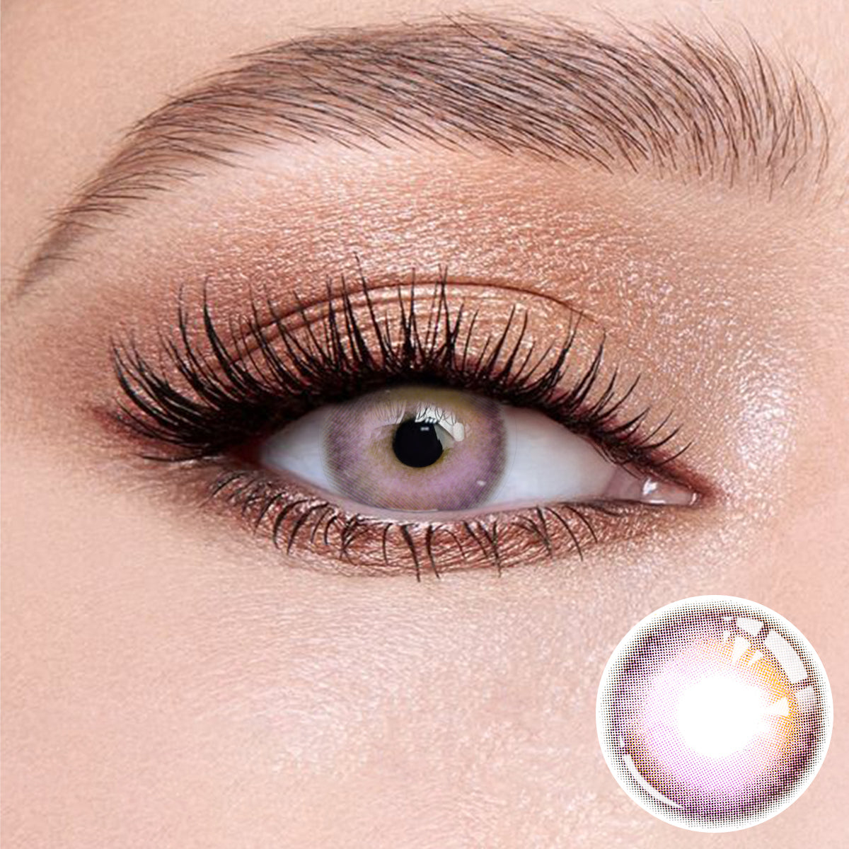 The effect of wearing Sakura Purple Contact Lenses, with a close-up of the product in the lower right corner