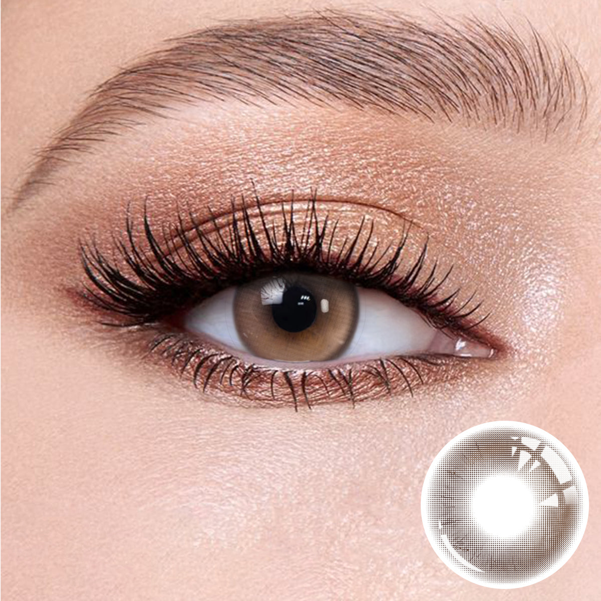 The effect of wearing Coffee Brown I Contact Lenses, with a close-up of the product in the lower right corner