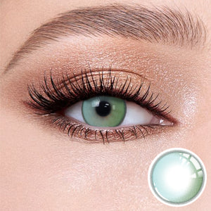 The effect of wearing Soul Green Contact Lenses, with a close-up of the product in the lower right corner
