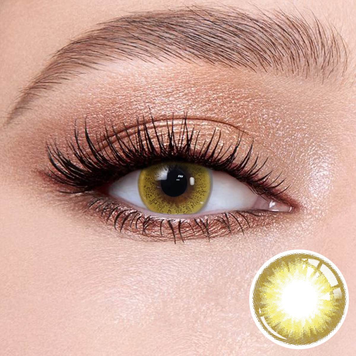 Queen Brown II contact lenses on the eyes, close-up of the product on the lower right