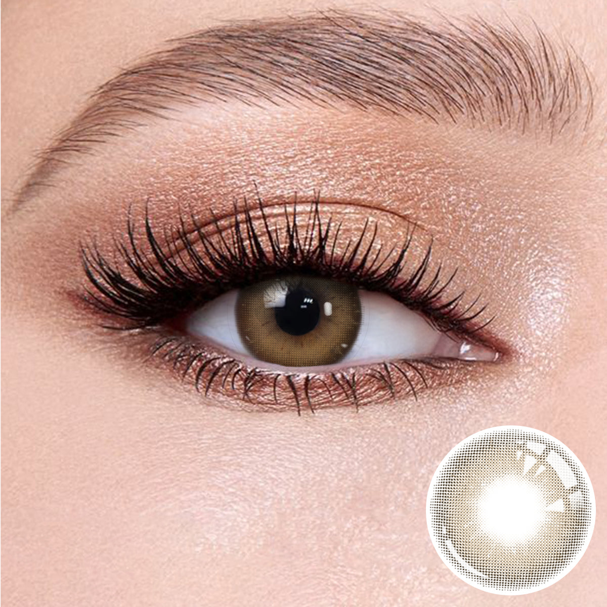 The effect of wearing Mystery Brown Contact Lenses, with a close-up of the product in the lower right corner