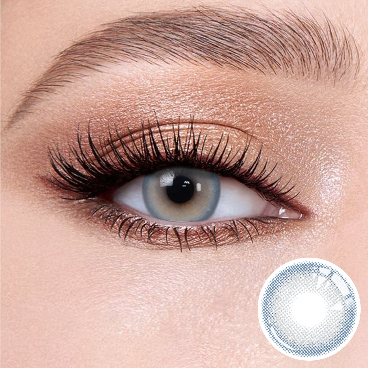 The effect of wearing Charm Blue Contact Lenses, with a close-up of the product in the lower right corner