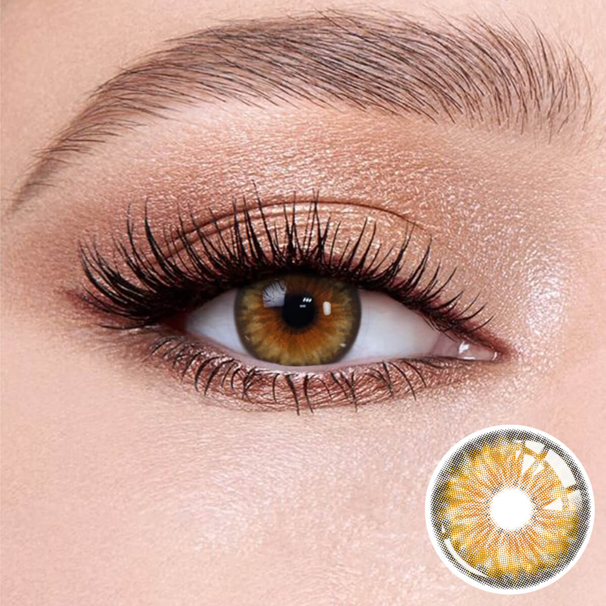 Chamer Brown contact lenses on the eyes, close-up of the product on the lower right