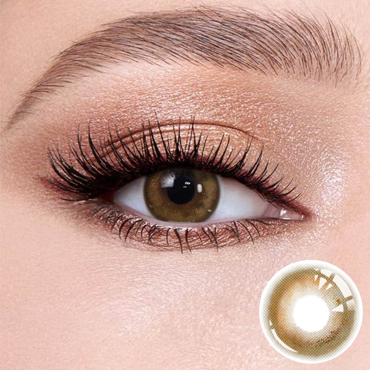 Mulberry Brown contact lenses on the eyes, close-up of the product on the lower right