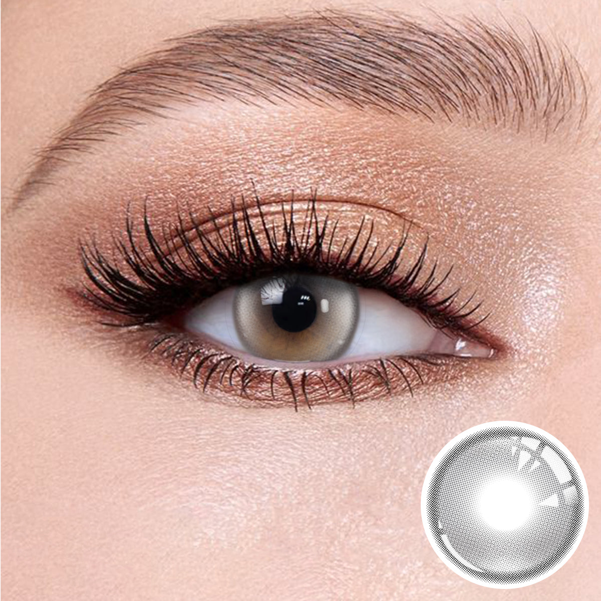 The effect of wearing Halo Pro Silver Contact Lenses, with a close-up of the product in the lower right corner