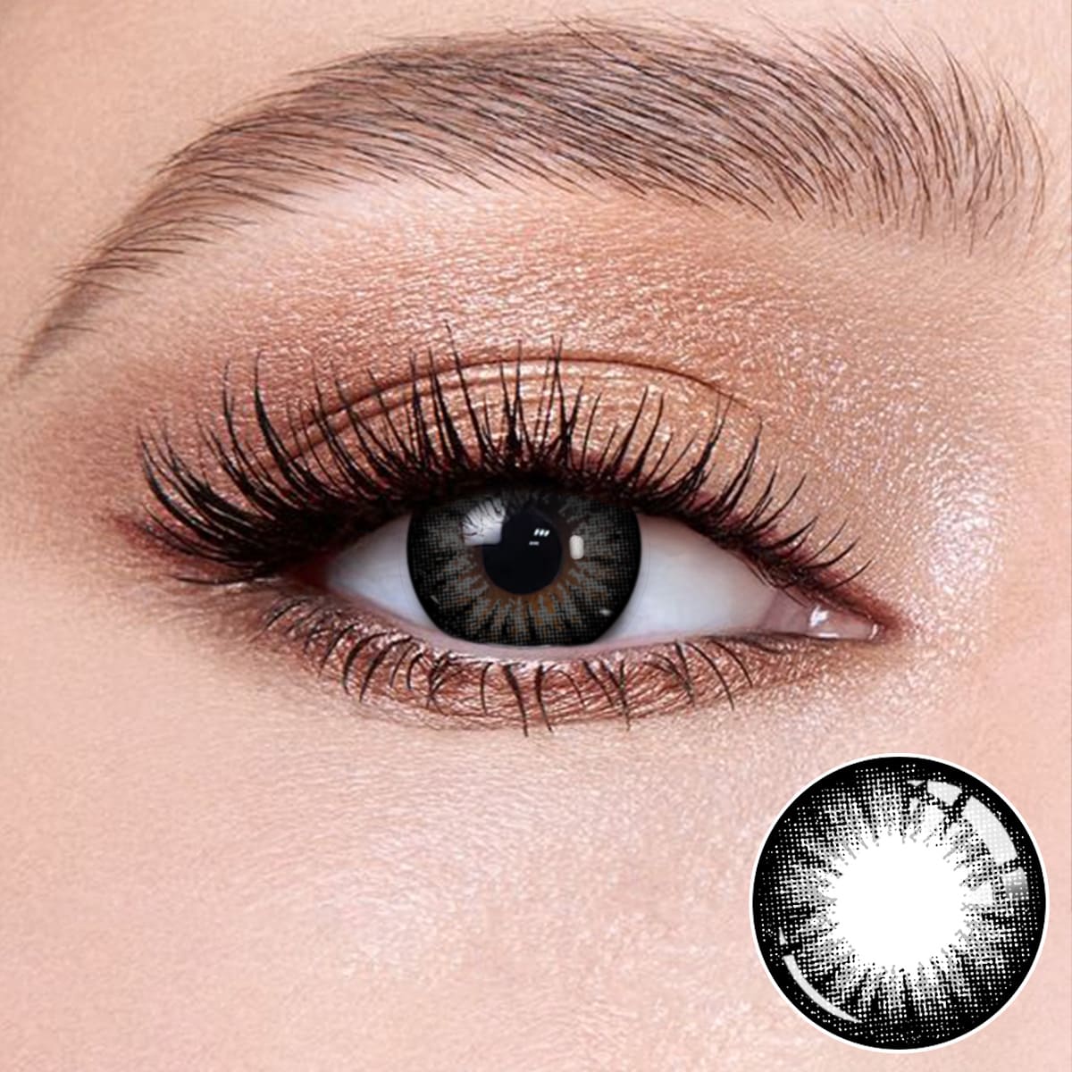 Pearl Gray I contact lenses on the eyes, close-up of the product on the lower right