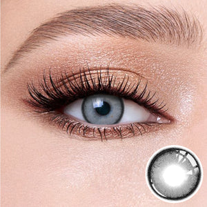 The effect of wearing Mocha Gray Contact Lenses, with a close-up of the product in the lower right corner