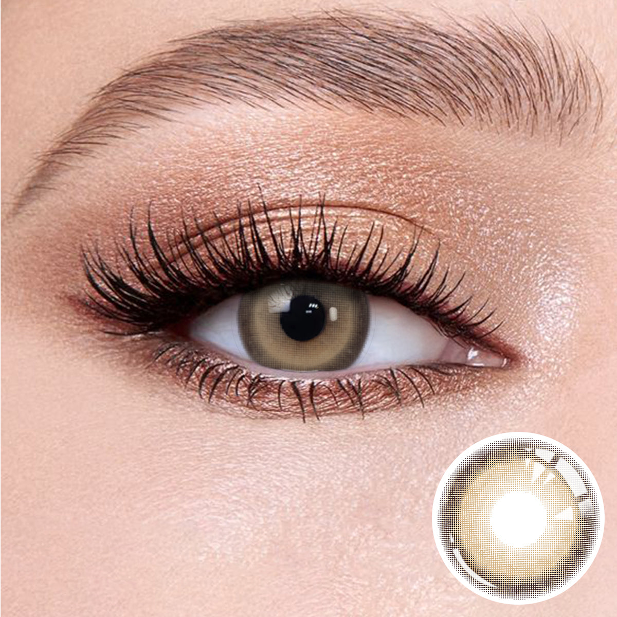 The effect of wearing Glass Brown Contact Lenses , with a close-up of the product in the lower right corner