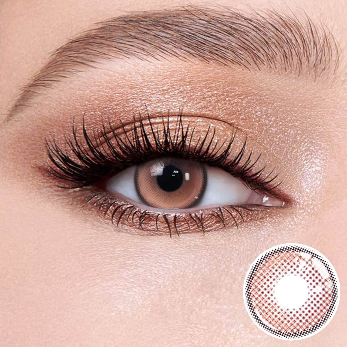 Aura Purple contact lenses on the eyes, close-up of the product on the lower right