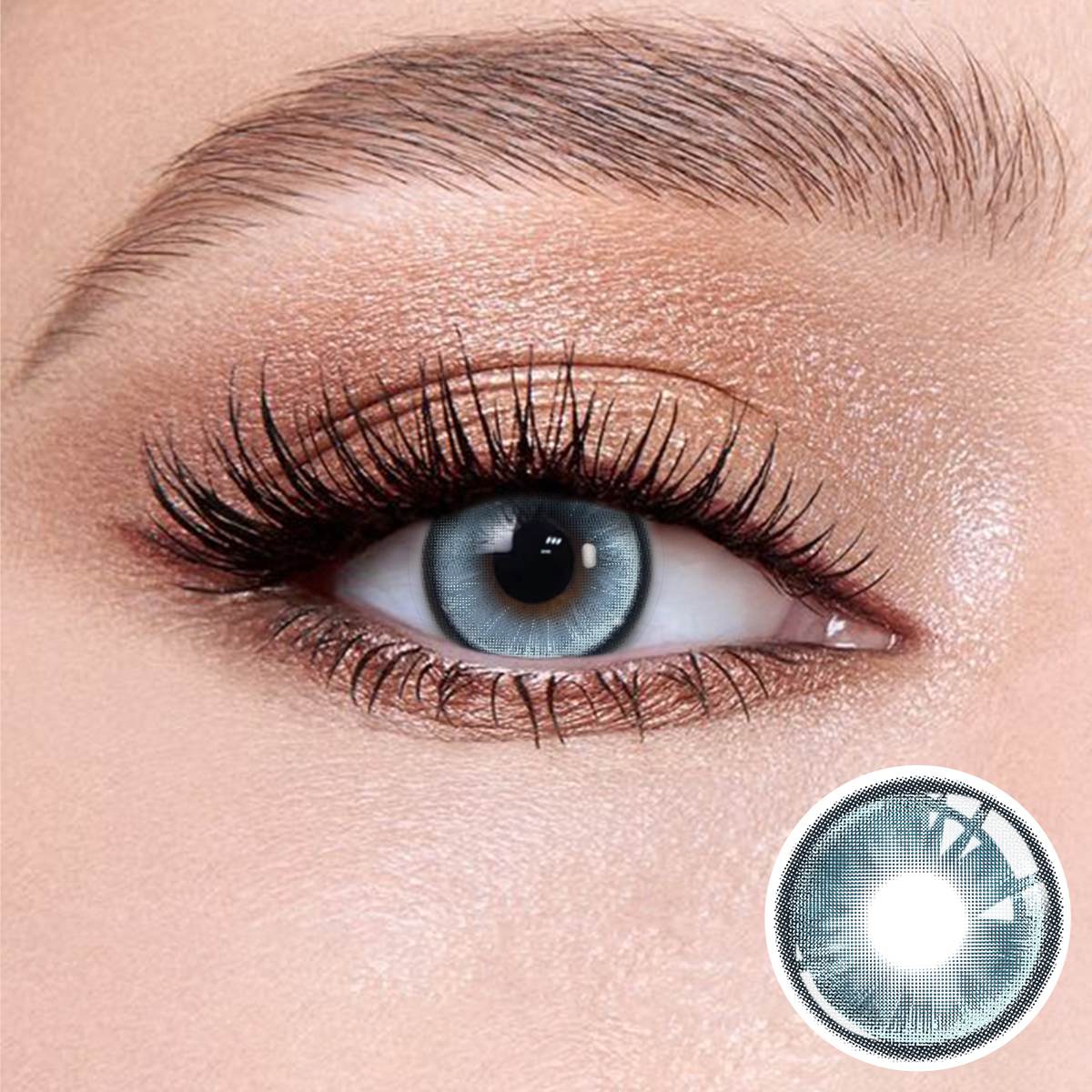 Boston Blue contact lenses on the eyes, close-up of the product on the lower right