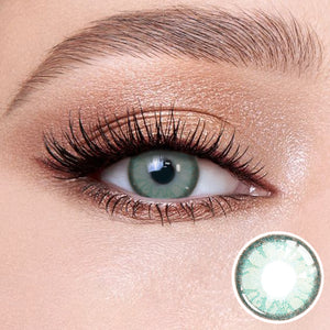 The effect of wearing Lemon Green Contact Lenses, with a close-up of the product in the lower right corner