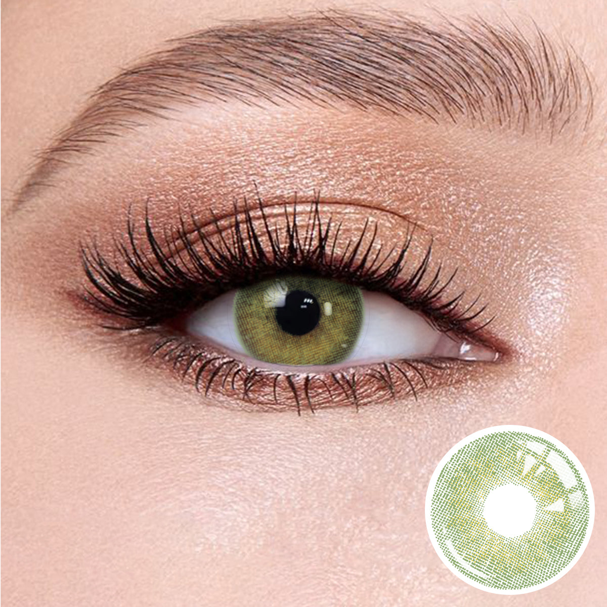 The effect of wearing Banshe Green Contact Lenses, with a close-up of the product in the lower right corner